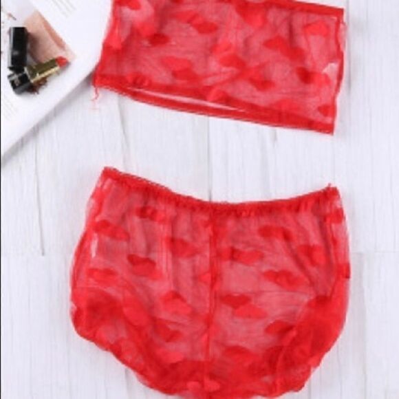 NWT Red Lingerie Intimate Lace Mesh Tube Top Sexy Hearts Love Night Ruffle - Picture 7 of 7